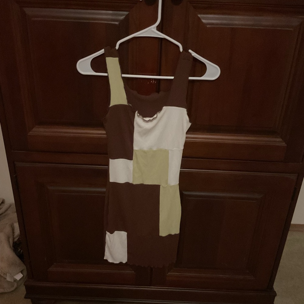 SHEIN Brown and Cream Patchwork Mini Dress